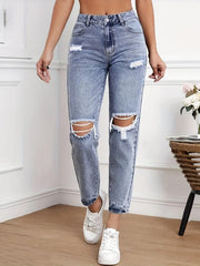 High Waist Ripped Holes Straight Jeans for Women
