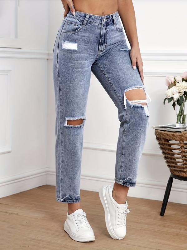 High Waist Ripped Holes Straight Jeans for Women