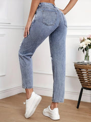 High Waist Ripped Holes Straight Jeans for Women