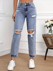 High Waist Ripped Holes Straight Jeans for Women