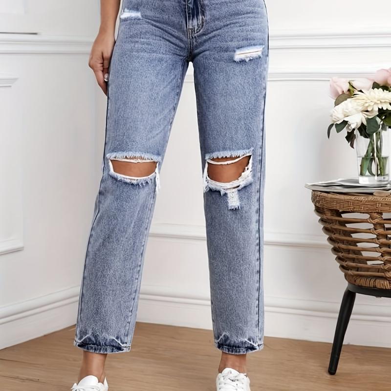 High Waist Ripped Holes Straight Jeans for Women