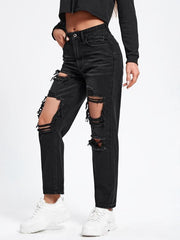 Ripped Holes Straight Jeans Distressed Denim Trousers