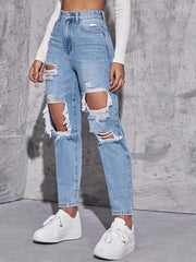 Ripped Holes Straight Jeans Distressed Denim Trousers