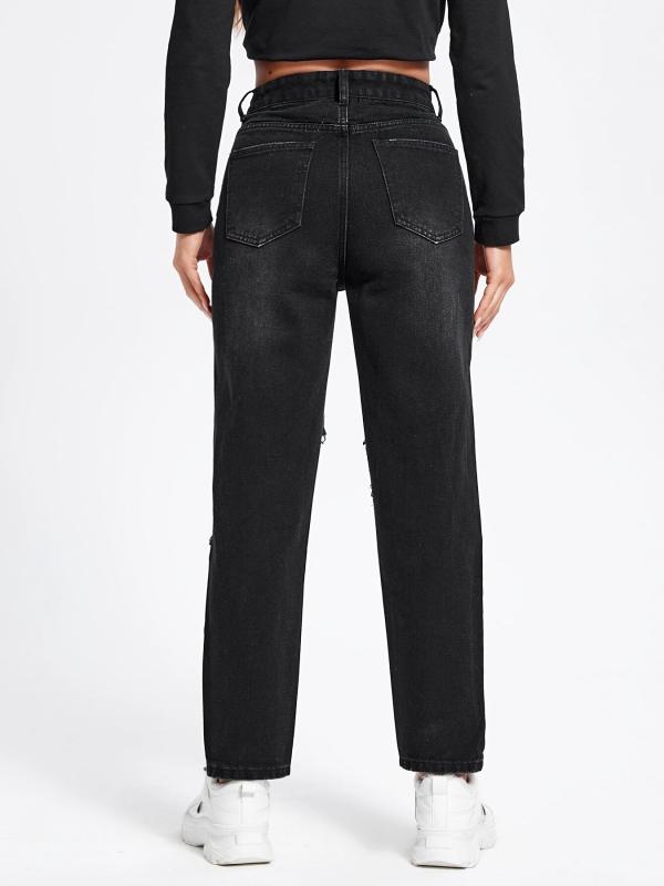 Ripped Holes Straight Jeans Distressed Denim Trousers