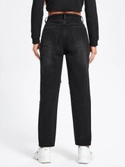 Ripped Holes Straight Jeans Distressed Denim Trousers