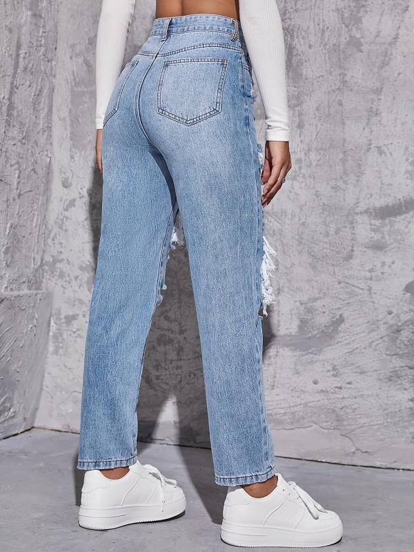 Ripped Holes Straight Jeans Distressed Denim Trousers