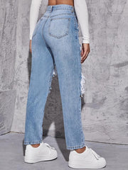 Ripped Holes Straight Jeans Distressed Denim Trousers