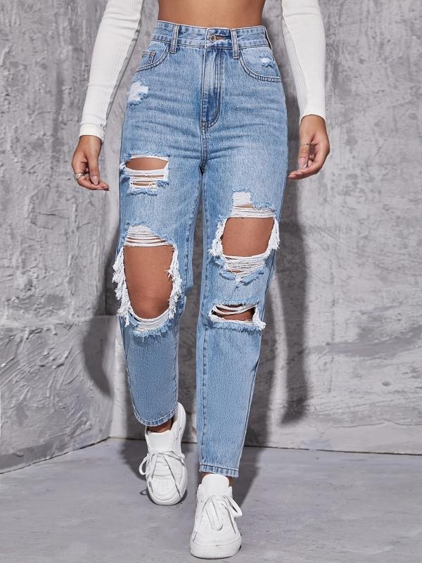 Ripped Holes Straight Jeans Distressed Denim Trousers