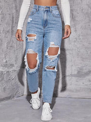 Ripped Holes Straight Jeans Distressed Denim Trousers