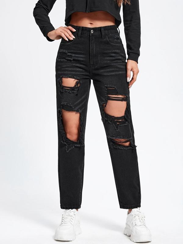 Ripped Holes Straight Jeans Distressed Denim Trousers