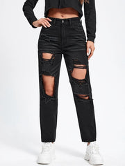 Ripped Holes Straight Jeans Distressed Denim Trousers
