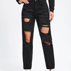 Ripped Holes Straight Jeans Distressed Denim Trousers