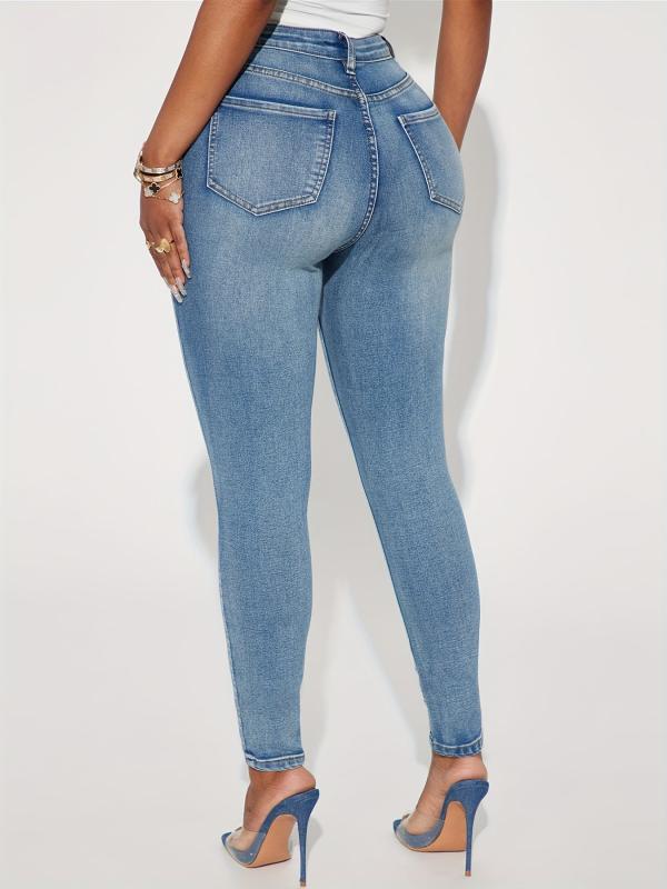 High Waist Skinny Jeans Washed Whiskered Slim Fit