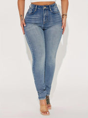 High Waist Skinny Jeans Washed Whiskered Slim Fit