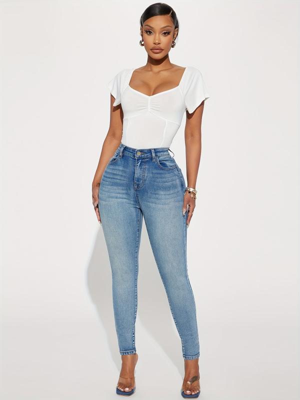 High Waist Skinny Jeans Washed Whiskered Slim Fit