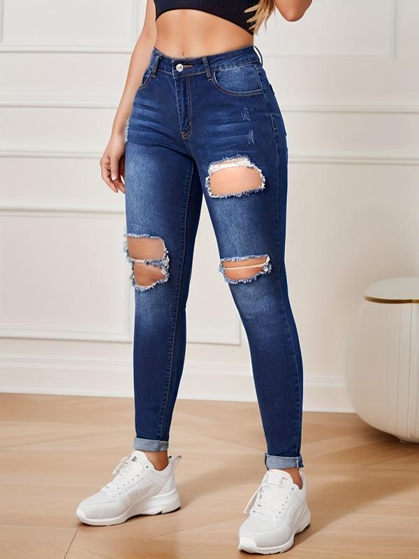 Ripped Holes Skinny Jeans Slim Fit Distressed High Stretch Tight Jeans