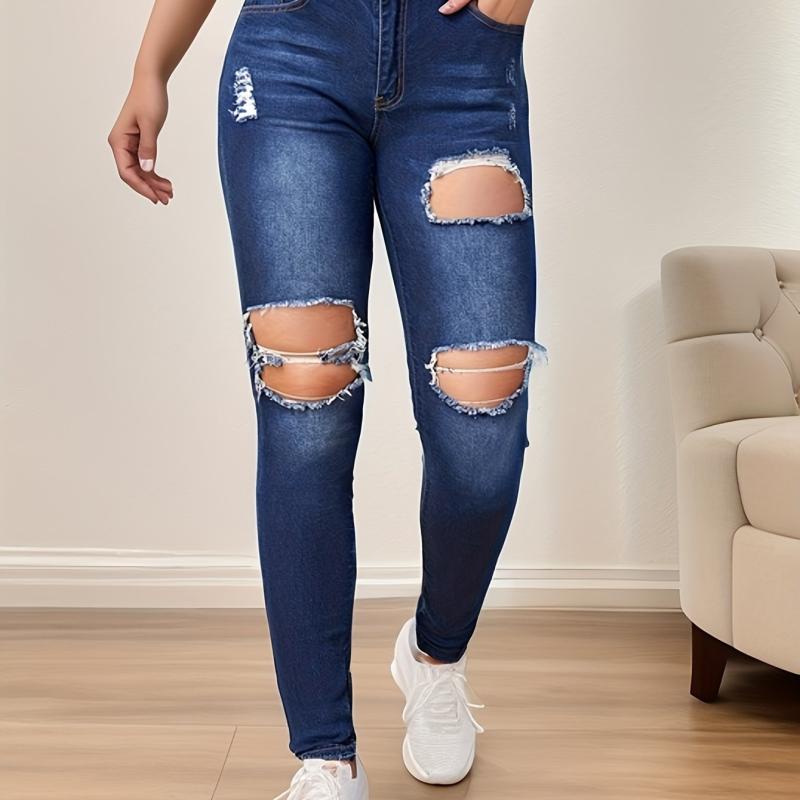 Ripped Holes Skinny Jeans Slim Fit Distressed High Stretch Tight Jeans