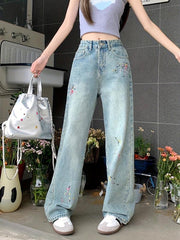 Splatter Print Baggy Jeans High Waist Wide Legs Jeans