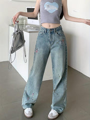Splatter Print Baggy Jeans High Waist Wide Legs Jeans