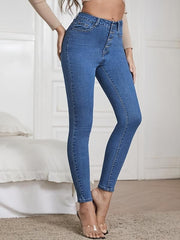 High Stretch Skinny Jeans Slim Fit Single Breasted Button High Waist Tight Jeans