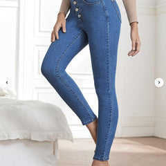 High Stretch Skinny Jeans Slim Fit Single Breasted Button High Waist Tight Jeans