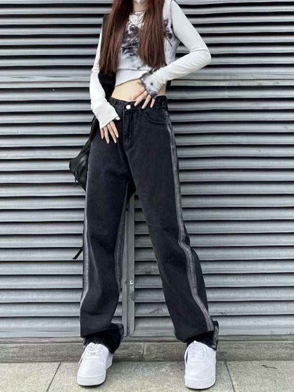Loose Fit Straight Jeans Non Stretch Contrast Retro Style Women's Denim Trousers