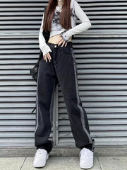 Loose Fit Straight Jeans Non Stretch Contrast Retro Style Women's Denim Trousers