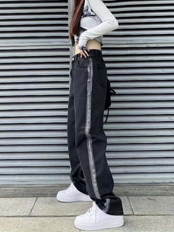 Loose Fit Straight Jeans Non Stretch Contrast Retro Style Women's Denim Trousers