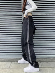 Loose Fit Straight Jeans Non Stretch Contrast Retro Style Women's Denim Trousers