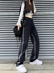 Loose Fit Straight Jeans Non Stretch Contrast Retro Style Women's Denim Trousers
