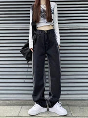 Loose Fit Straight Jeans Non Stretch Contrast Retro Style Women's Denim Trousers