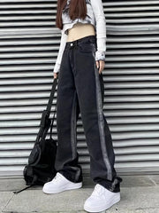Loose Fit Straight Jeans Non Stretch Contrast Retro Style Women's Denim Trousers