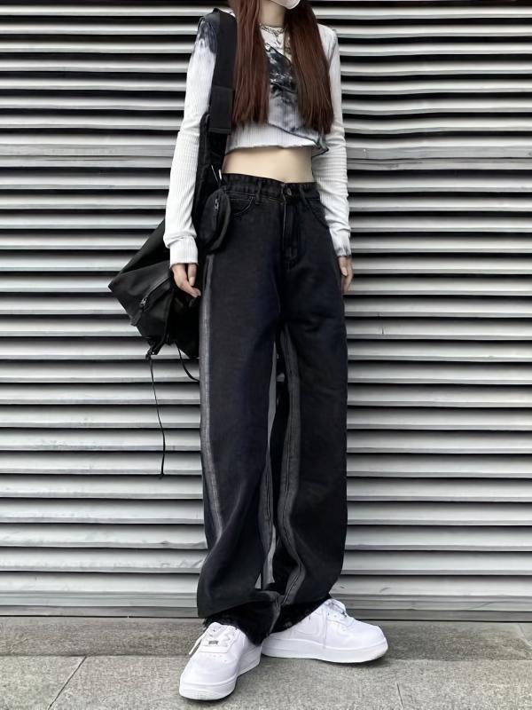 Loose Fit Straight Jeans Non Stretch Contrast Retro Style Women's Denim Trousers