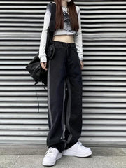 Loose Fit Straight Jeans Non Stretch Contrast Retro Style Women's Denim Trousers