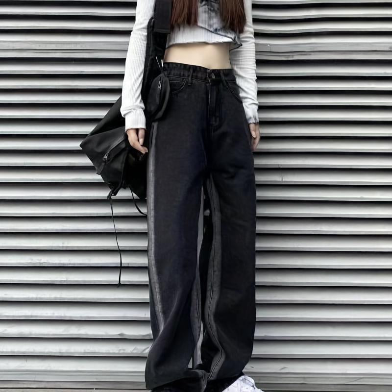 Loose Fit Straight Jeans Non Stretch Contrast Retro Style Women's Denim Trousers