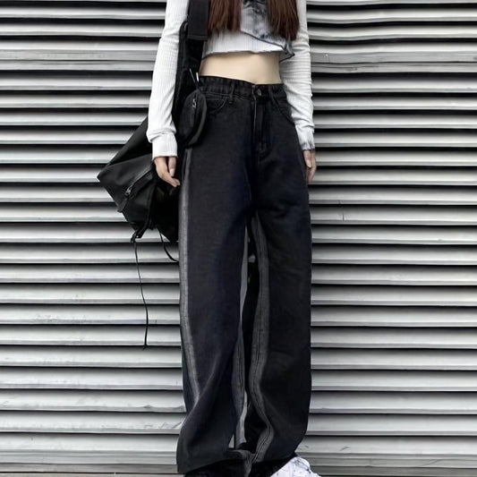 Loose Fit Straight Jeans Non Stretch Contrast Retro Style Women's Denim Trousers