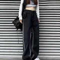 Loose Fit Straight Jeans Non Stretch Contrast Retro Style Women's Denim Trousers