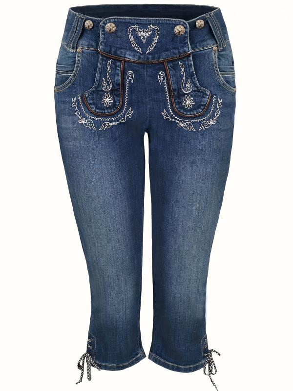 Embroidered Decor Capris Denim Jeans Slim Fit High Waist