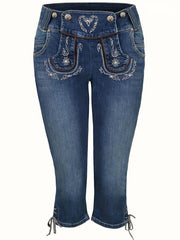 Embroidered Decor Capris Denim Jeans Slim Fit High Waist