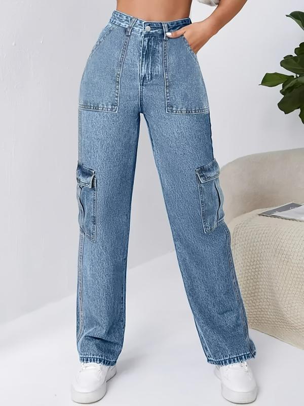 Flap Pockets Cargo Pants Loose Fit Non Stretch Y2K & Kpop Style Straight Jeans