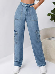 Flap Pockets Cargo Pants Loose Fit Non Stretch Y2K & Kpop Style Straight Jeans