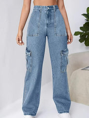 Flap Pockets Cargo Pants Loose Fit Non Stretch Y2K & Kpop Style Straight Jeans