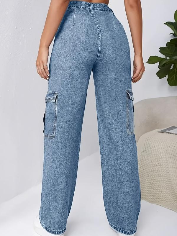 Flap Pockets Cargo Pants Loose Fit Non Stretch Y2K & Kpop Style Straight Jeans