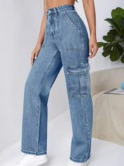 Flap Pockets Cargo Pants Loose Fit Non Stretch Y2K & Kpop Style Straight Jeans