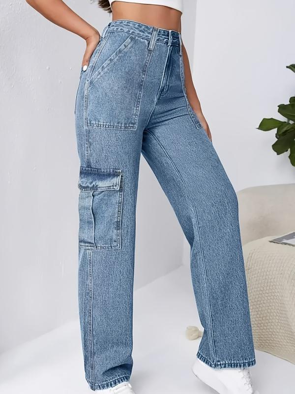 Flap Pockets Cargo Pants Loose Fit Non Stretch Y2K & Kpop Style Straight Jeans