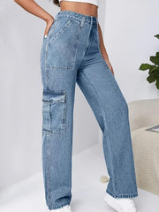 Flap Pockets Cargo Pants Loose Fit Non Stretch Y2K & Kpop Style Straight Jeans