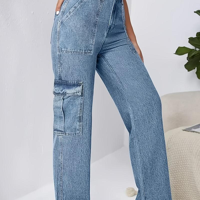 Flap Pockets Cargo Pants Loose Fit Non Stretch Y2K & Kpop Style Straight Jeans