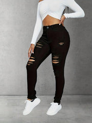 Ripped Holes Skinny Jeans Distressed Slim Fit High Stretch Denim Pants