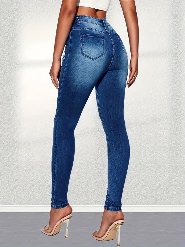 Ripped Holes Skinny Jeans Slim Fit Distressed Mid Stretch Denim Pants