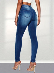 Ripped Holes Skinny Jeans Slim Fit Distressed Mid Stretch Denim Pants